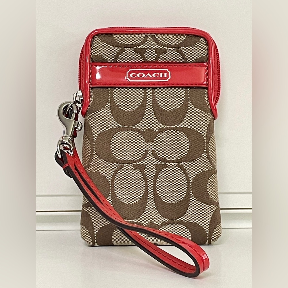 Coach Brown Signature Canvas Wristlet with Red Trim